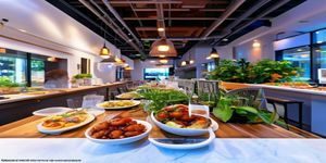 海角社区视频美食探店专区，美食博主在网红餐厅品尝特色菜肴，画面色彩鲜艳食欲感强